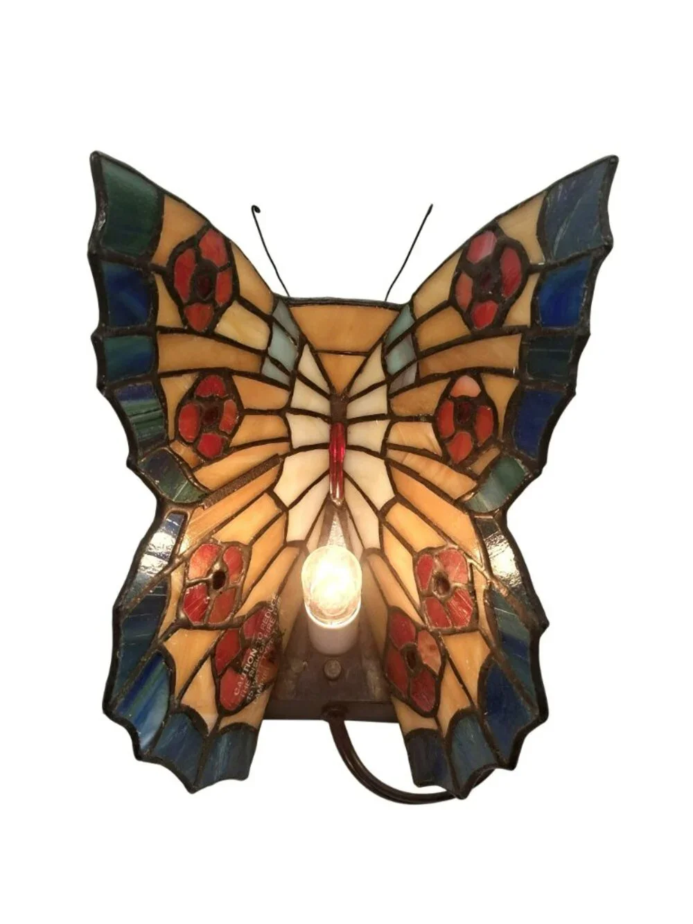 Tiffany Style Butterfly Stained Glass Lamp Bronze Floral Base  Vintage Quoizel